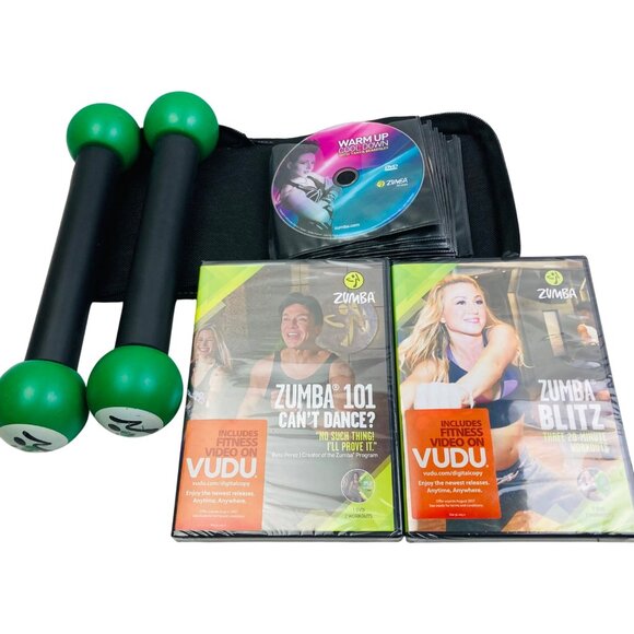 Lot of 14 ZUMBA Fitness CD/DVD Discs ZIN Instructor Network Music 1 lb Weights - Picture 1 of 9